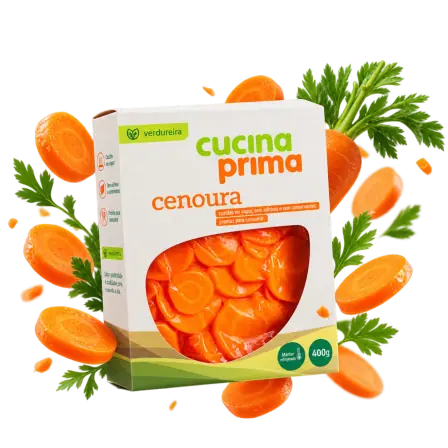 Composição da linha Cucina Prima com embalagem e cenouras