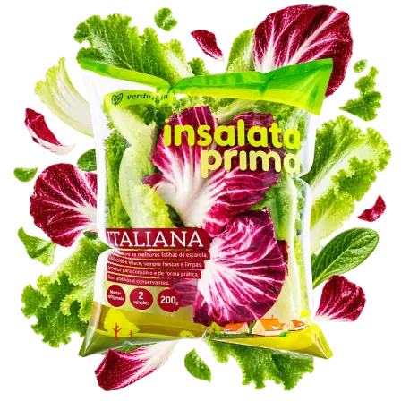 Composição da linha Insalata Prima com embalagem e folhas frescas