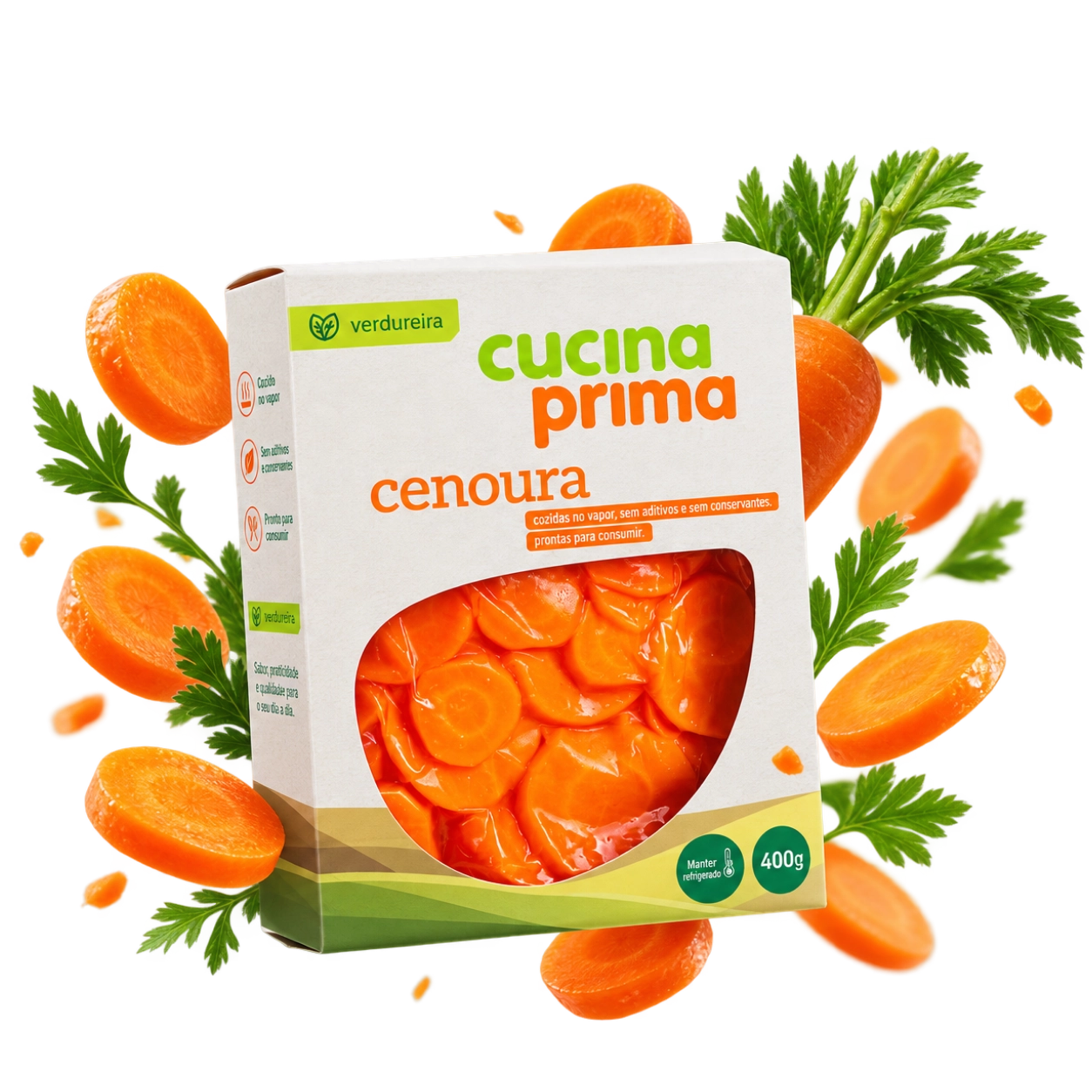 Composição da linha Cucina Prima com embalagem e cenouras