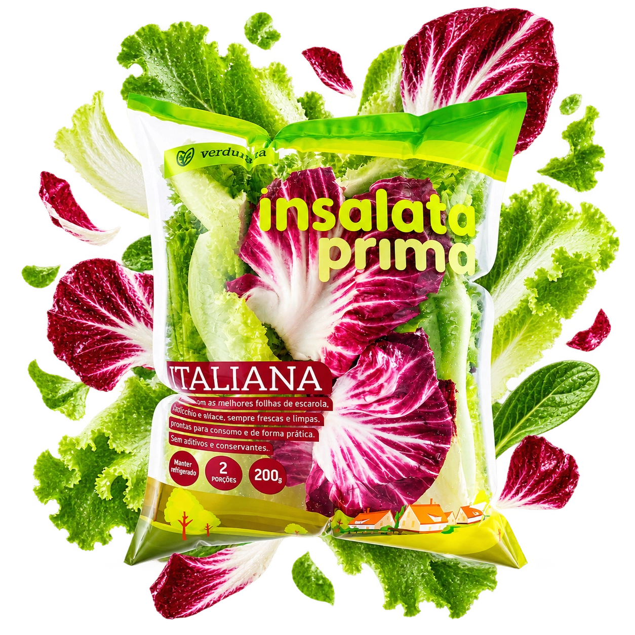 Composição da linha Insalata Prima com embalagem e folhas frescas